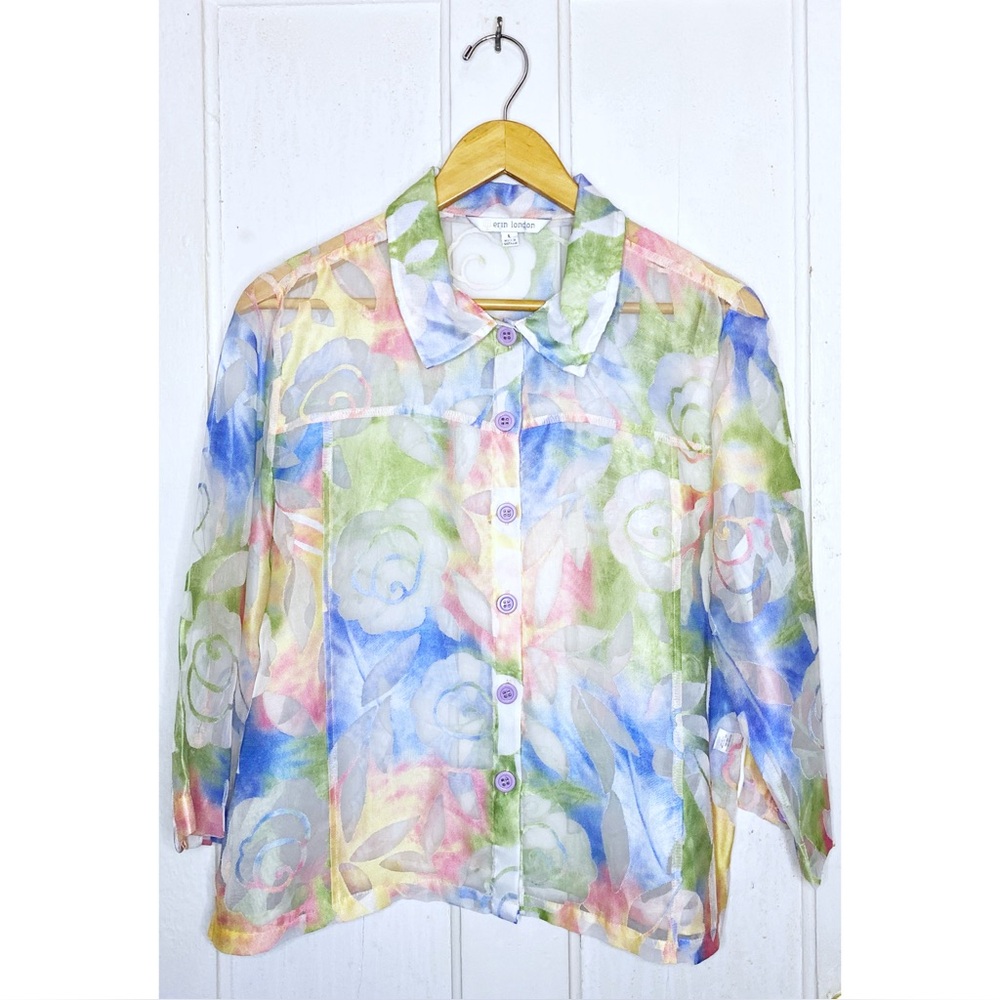 VINTAGE : Erin London : size L : pastel colorful floral sheer summer blouse top